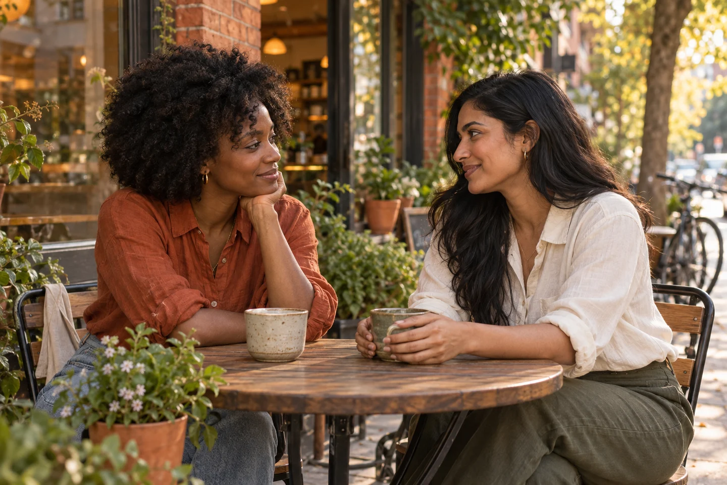 Two friends sharing a relaxed conversation outside a neighbourhood café