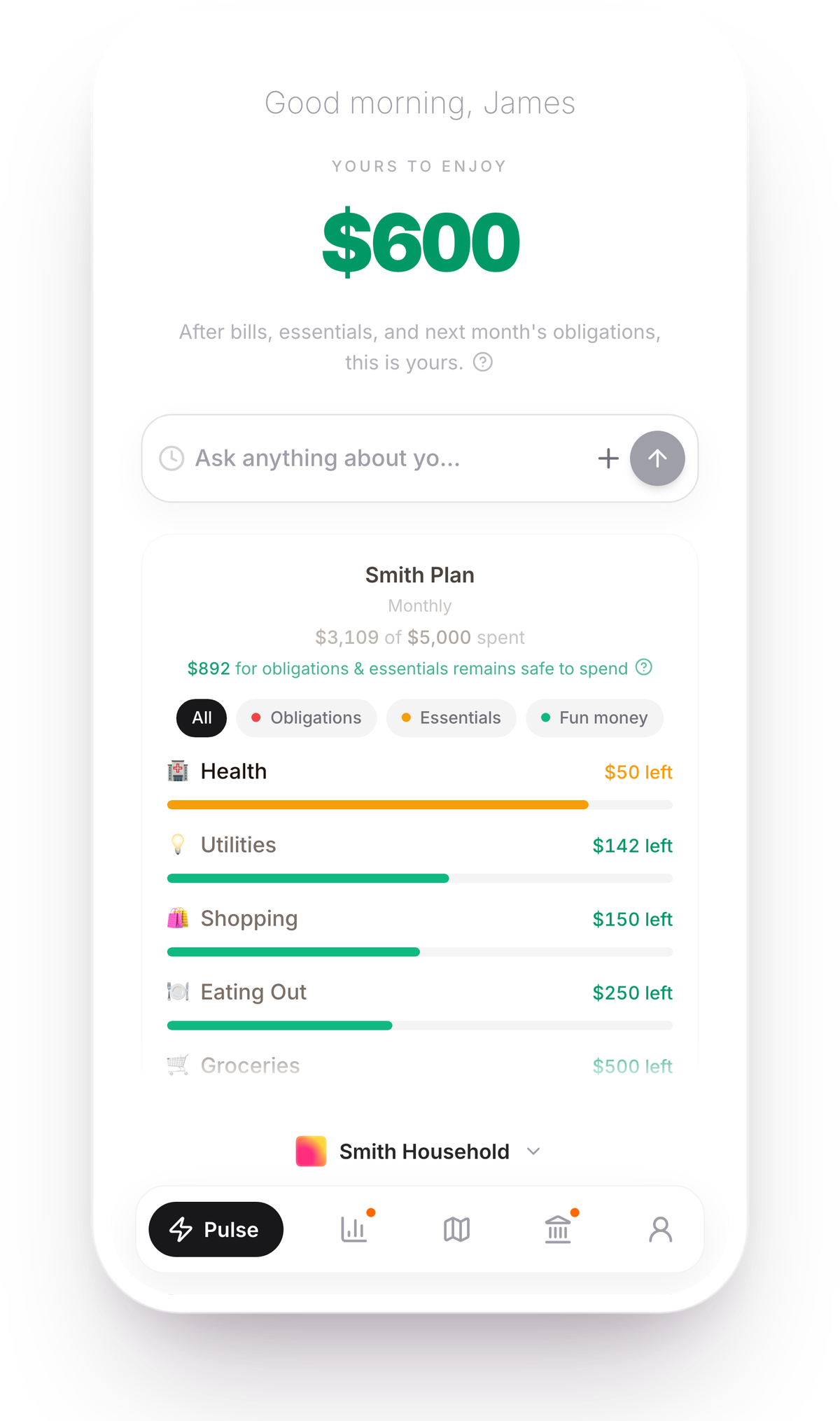 James's Pulse showing the same $720 to enjoy on the shared Smith Household space