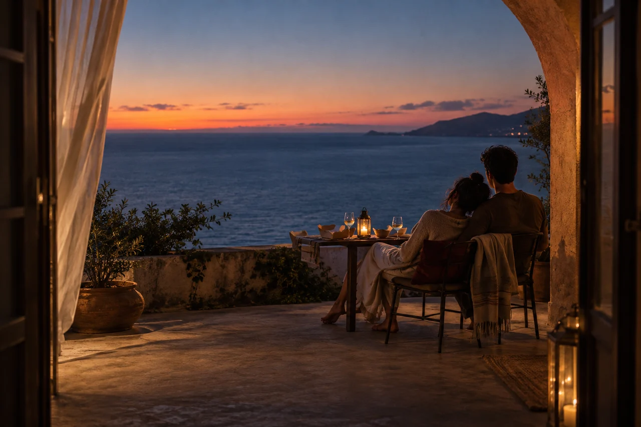 A couple relaxing together over supper on a terrace overlooking the sea at twilight