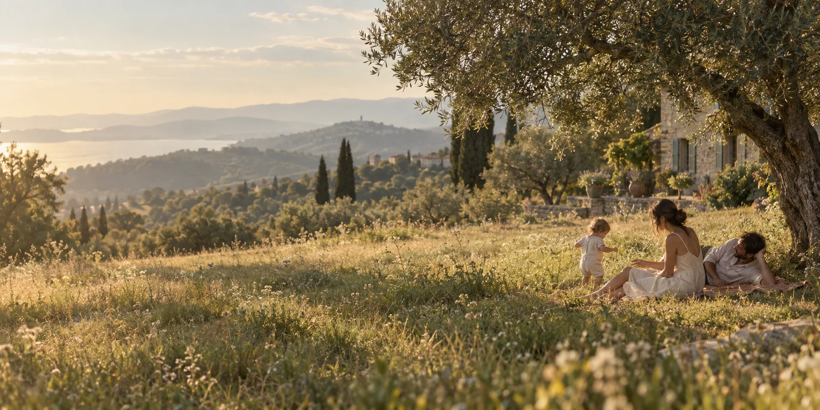 A family enjoying a peaceful afternoon beneath an olive tree overlooking sunlit hills