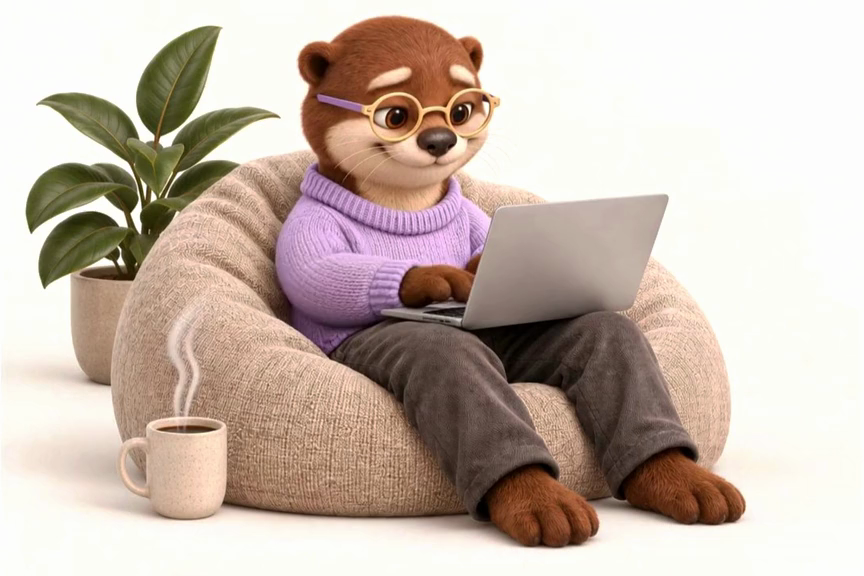 Fred relaxed in a beanbag, quietly typing on his laptop beside a steaming coffee and a green plant
