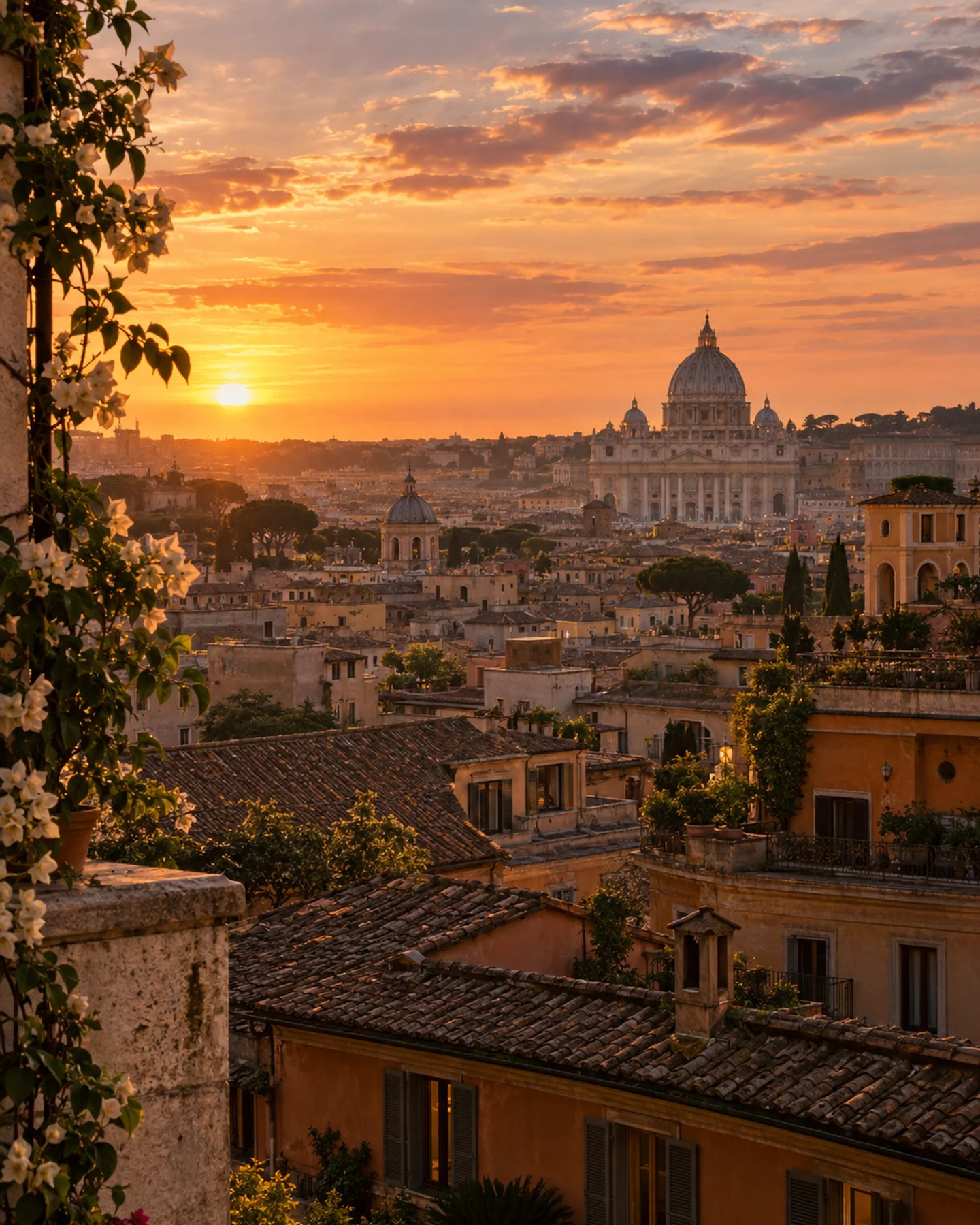 The warm rooftops and domes of Rome in the last light of a peaceful evening