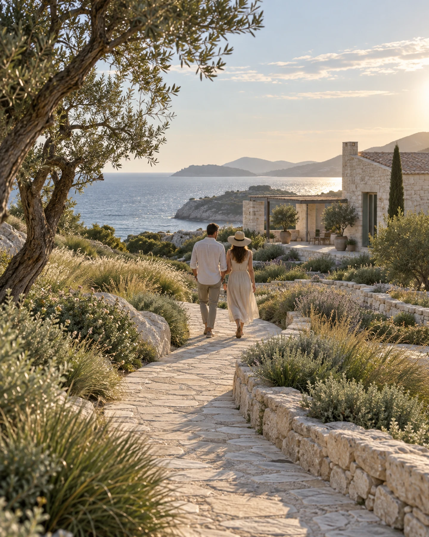 A couple walking a quiet coastal path toward home