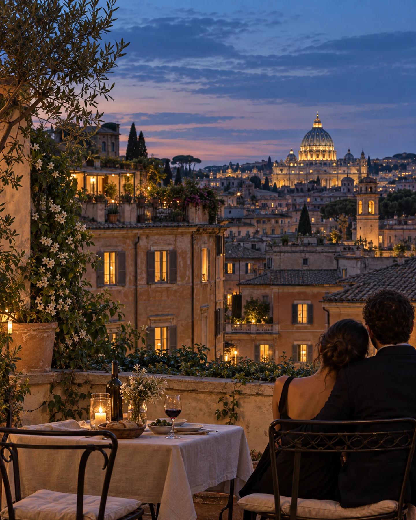 An imagined evening on a quiet terrace above the rooftops of Rome