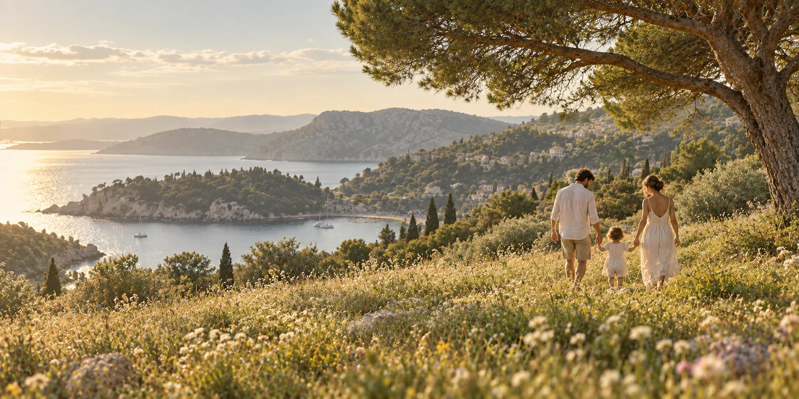 A family walking together through a sunlit meadow above a calm Mediterranean bay