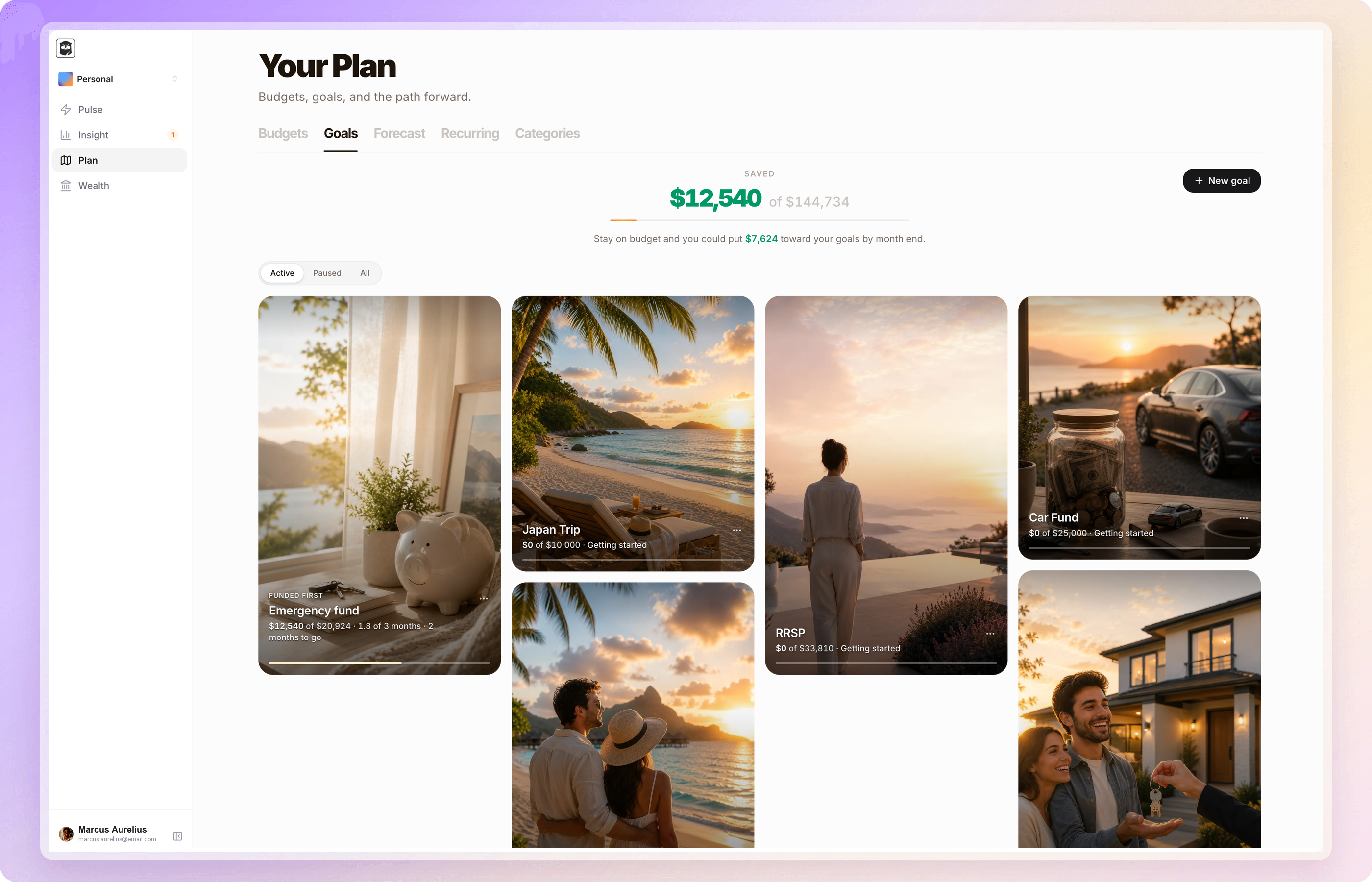 deezbills Goals page with photo tiles for each savings goal
