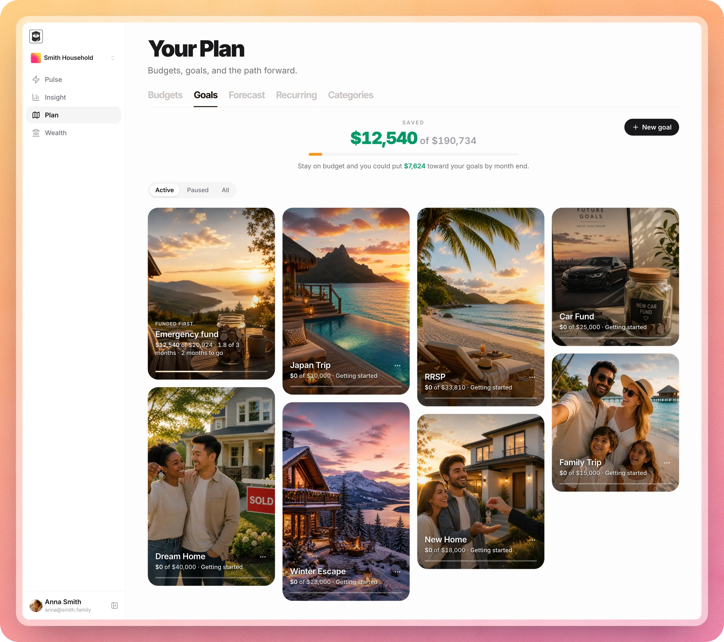 deezbills Goals page with photo tiles for each savings goal